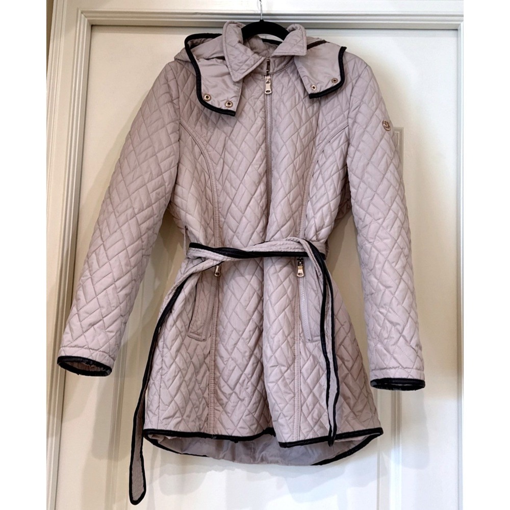 Calvin Klein sz M Taupe Quilted Belted Jacket with Removable Hood Rose Gold Zip*